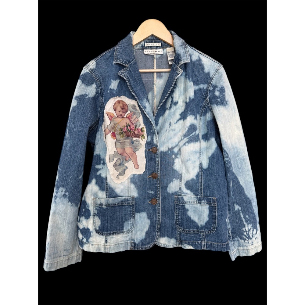 XL Cherub & Rose Bleached‎ Denim Blazer | One-of-One Art Jacket